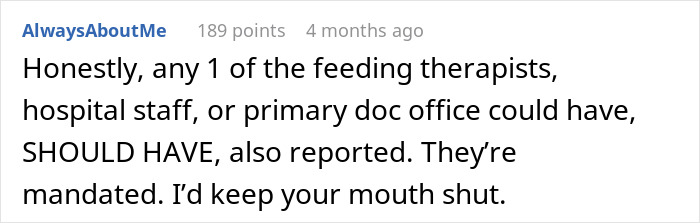 Comment discussing the responsibility of feeding therapists and hospital staff to report child neglect to CPS.