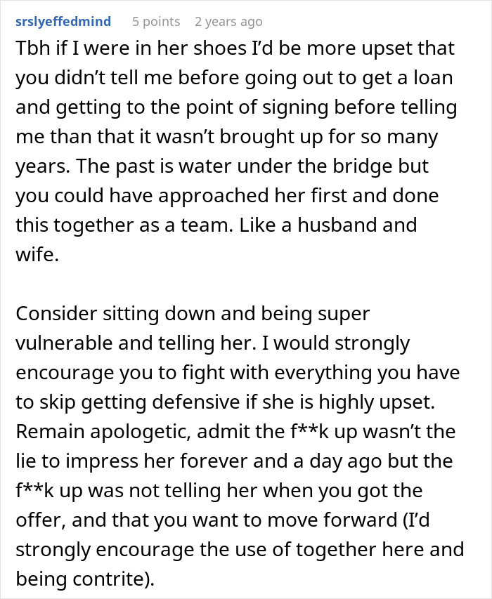 Comment discussing a husband struggling to come clean about a lie he told 10 years ago and advice on being vulnerable and apologetic.