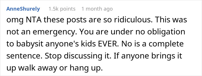 Text comment from AnneShurely arguing against guilt-tripping an uncle for refusing to babysit sister’s kids. Text comment from AnneShurely arguing against guilt-tripping an uncle for refusing to babysit sister’s kids.