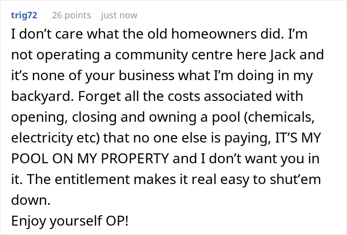 Screenshot of an online comment about neighbors sending their relatives to use a private pool without consent.