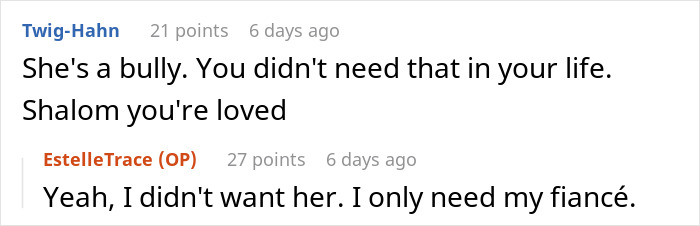 Screenshot of a Reddit conversation discussing a woman making below-the-belt comments about her sister&rsquo;s fianc&eacute;.