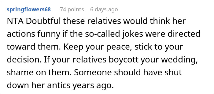 Screenshot of an online comment criticizing a woman for making below-the-belt jokes about her sister&rsquo;s fianc&eacute;.