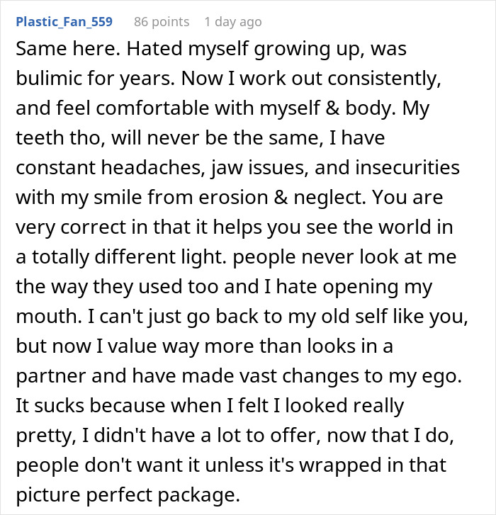 Comment sharing personal experience about how losing pretty privilege changed her self-view and relationships.