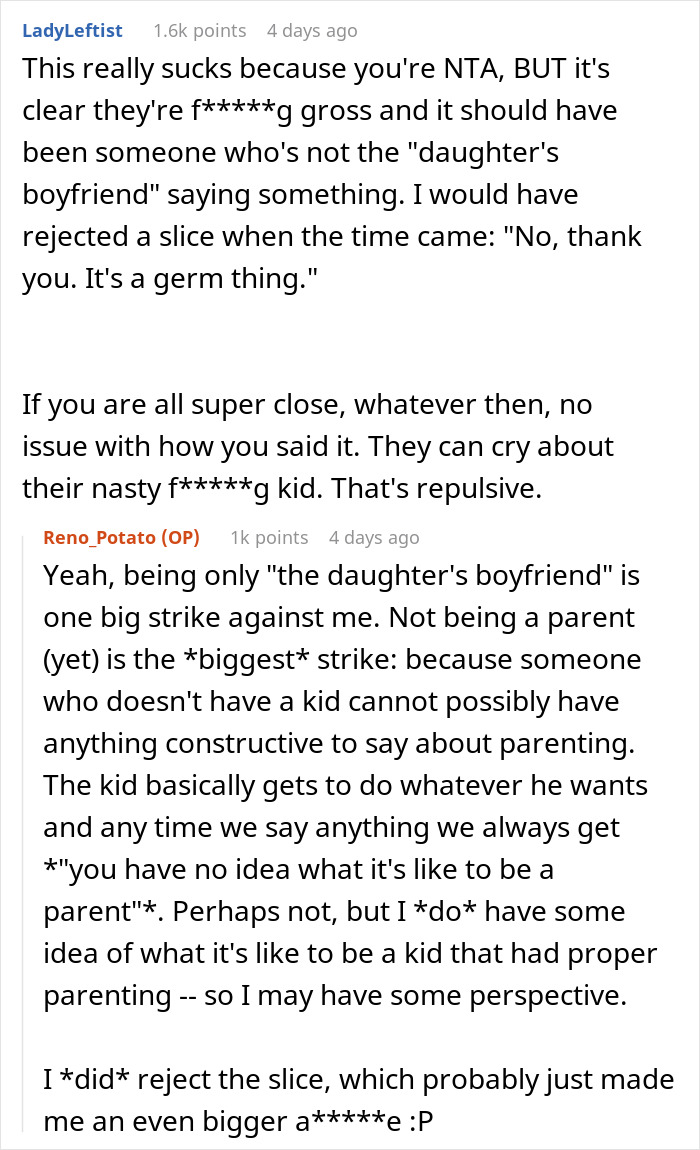 Comment thread discussing toddler destroying cake, guy moving cake away, and parents giving side-eye reactions. Comment thread discussing toddler destroying cake, guy moving cake away, and parents giving side-eye reactions.