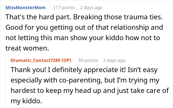 Screenshot of an online discussion about relationship trauma and co-parenting after discovering cheating evidence on an ex’s phone. Screenshot of an online discussion about relationship trauma and co-parenting after discovering cheating evidence on an ex’s phone.