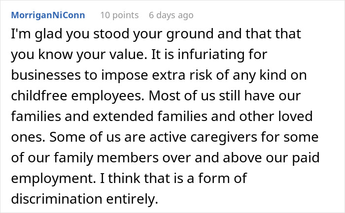 Comment discussing standing ground against extra risk imposed on childfree employees at work and highlighting discrimination concerns.