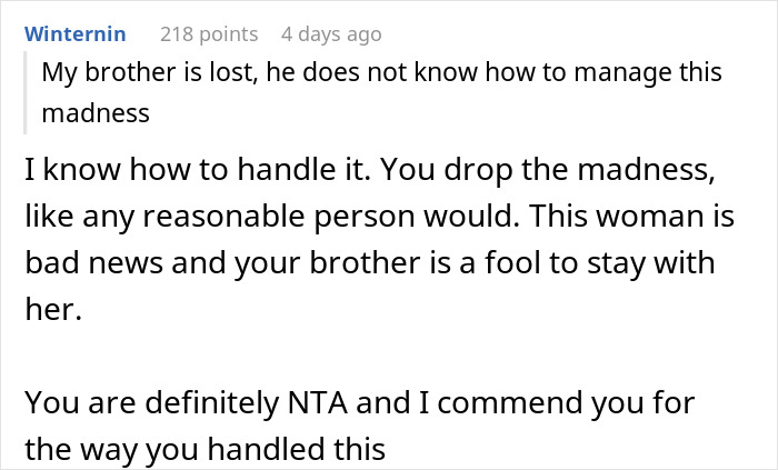 Reddit comment explaining why telling brother's girlfriend not to expect equal treatment for her kids is justified.
