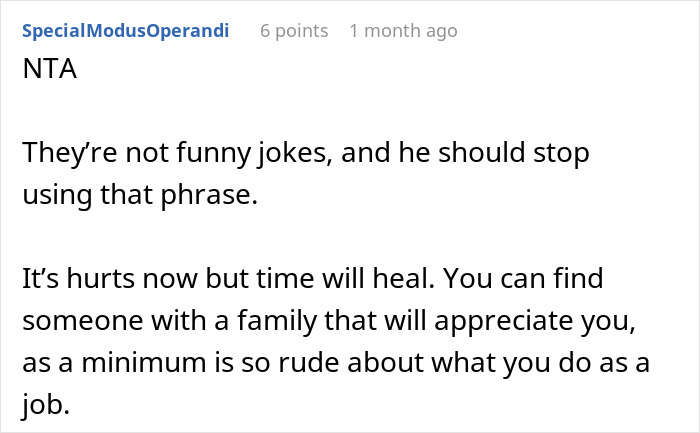 Screenshot of an online comment criticizing rude jokes, discussing appreciation and references to a gold digger and housewife.