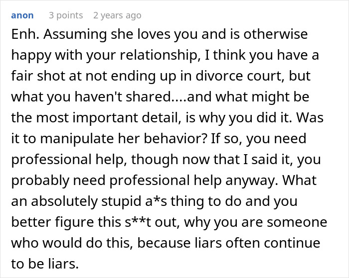 Comment discussing a husband who doesn't know how to come clean about a lie he told 10 years ago and relationship impact.
