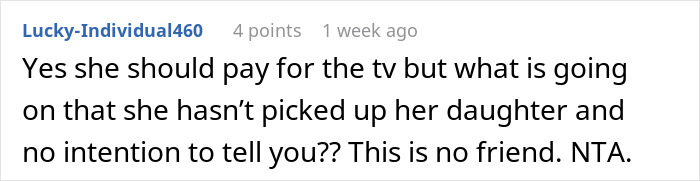 Comment about charging friend for daughter ruining furniture, stating she should pay for the TV and noting lack of responsibility.