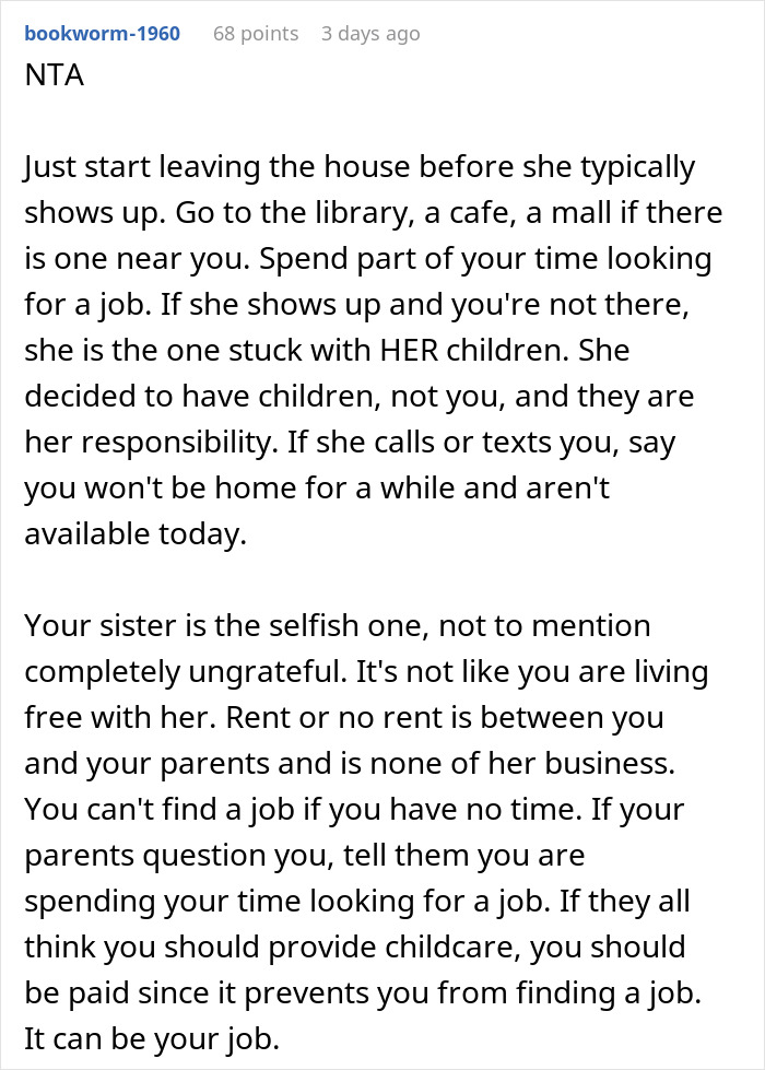Reddit comment advising on asking to be paid for babysitting niece and nephew amid sister's selfish behavior.