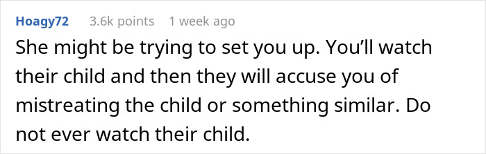 Comment warning about babysitter concerns, advising not to trust husband's ex with child care responsibilities.