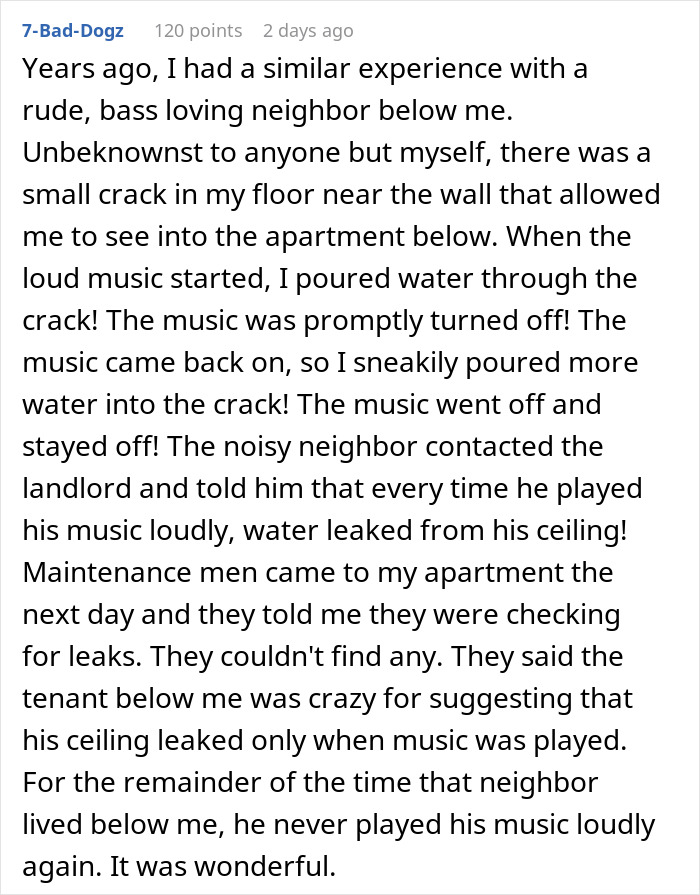 Clever woman uses water trick to confuse loud downstairs neighbor and restore peace in apartment block. Clever woman uses water trick to confuse loud downstairs neighbor and restore peace in apartment block.