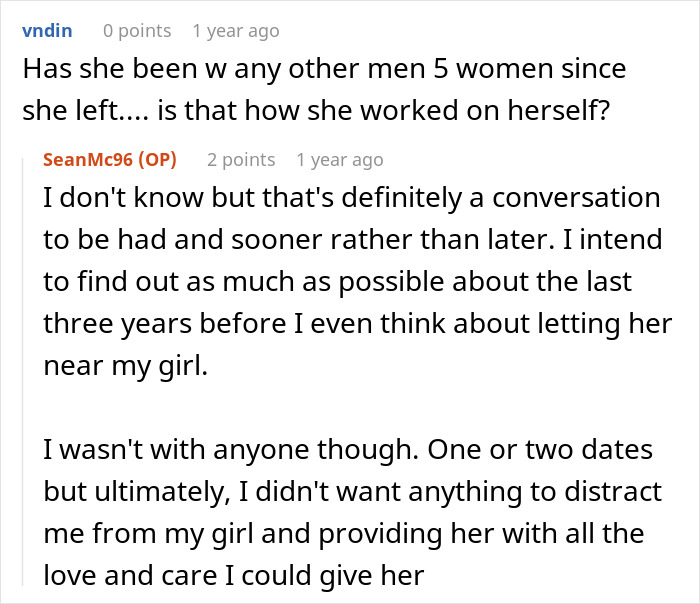 Text conversation about a man raising newborn alone and considering forgiveness after ex reappears years later.