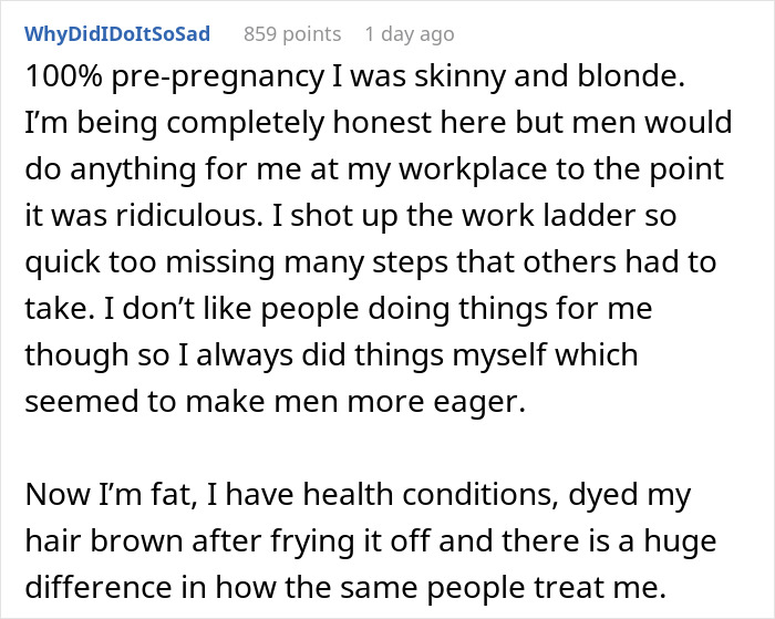 Screenshot of a Reddit post where a woman shares how losing her pretty privilege changed how men treat her.