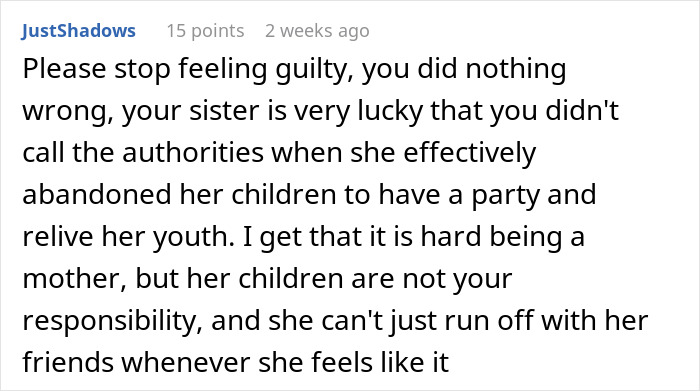 Comment discussing sister promises and abandonment of her children, highlighting unfair responsibility on 18-year-old sibling.