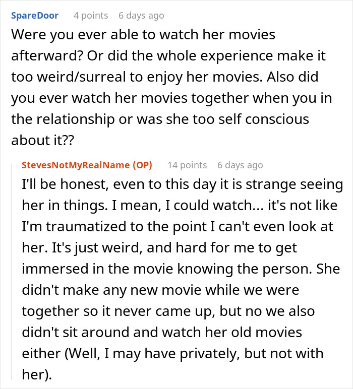 Reddit user discusses dating experience and challenges of watching movies with a famous actress during their relationship.