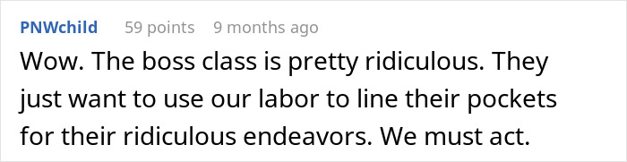 Comment expressing frustration about a boss delaying workers' pay after showing off a new truck.