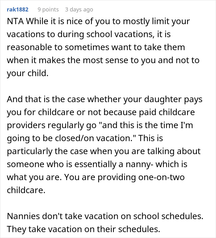 Reddit user discussing frustration about mom booking a vacation and refusing to babysit two kids.