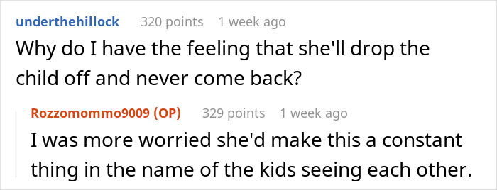 Conversation about a woman needing a babysitter and concerns over husband&rsquo;s ex being involved.