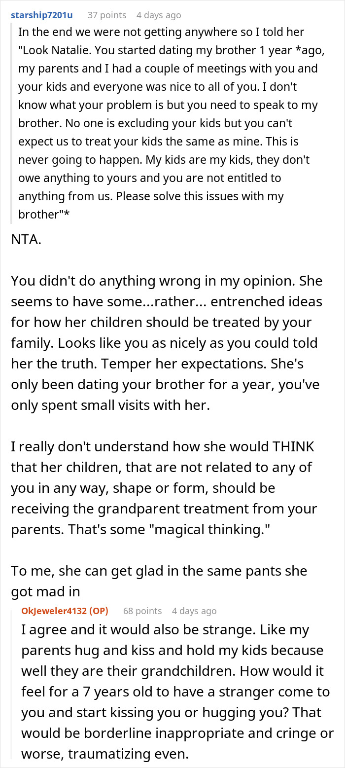 Reddit discussion about boundaries and expectations in treating brother&rsquo;s girlfriend&rsquo;s kids versus biological kids.