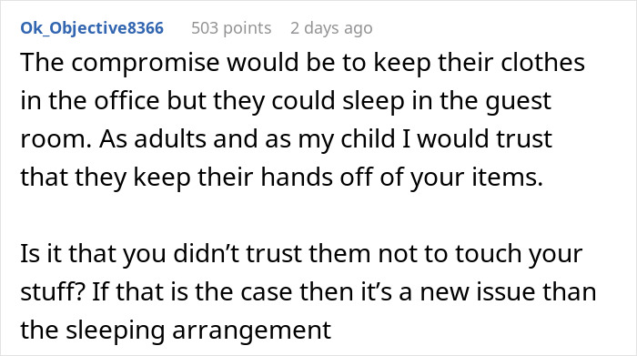 Screenshot of Reddit comment discussing trust issues regarding sleeping arrangements in a miniature wargaming studio.
