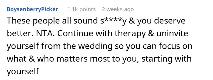 Screenshot of a Reddit comment discussing a woman refusing to wear a wig at her brother's wedding and the fallout. Screenshot of a Reddit comment discussing a woman refusing to wear a wig at her brother's wedding and the fallout.