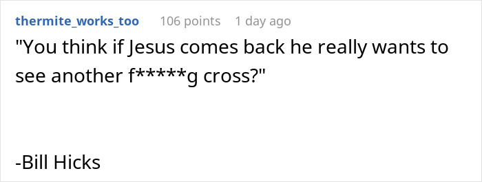 Screenshot of a Reddit comment quoting Bill Hicks about religious symbols, related to HR’s rule on religious symbols. Screenshot of a Reddit comment quoting Bill Hicks about religious symbols, related to HR’s rule on religious symbols.