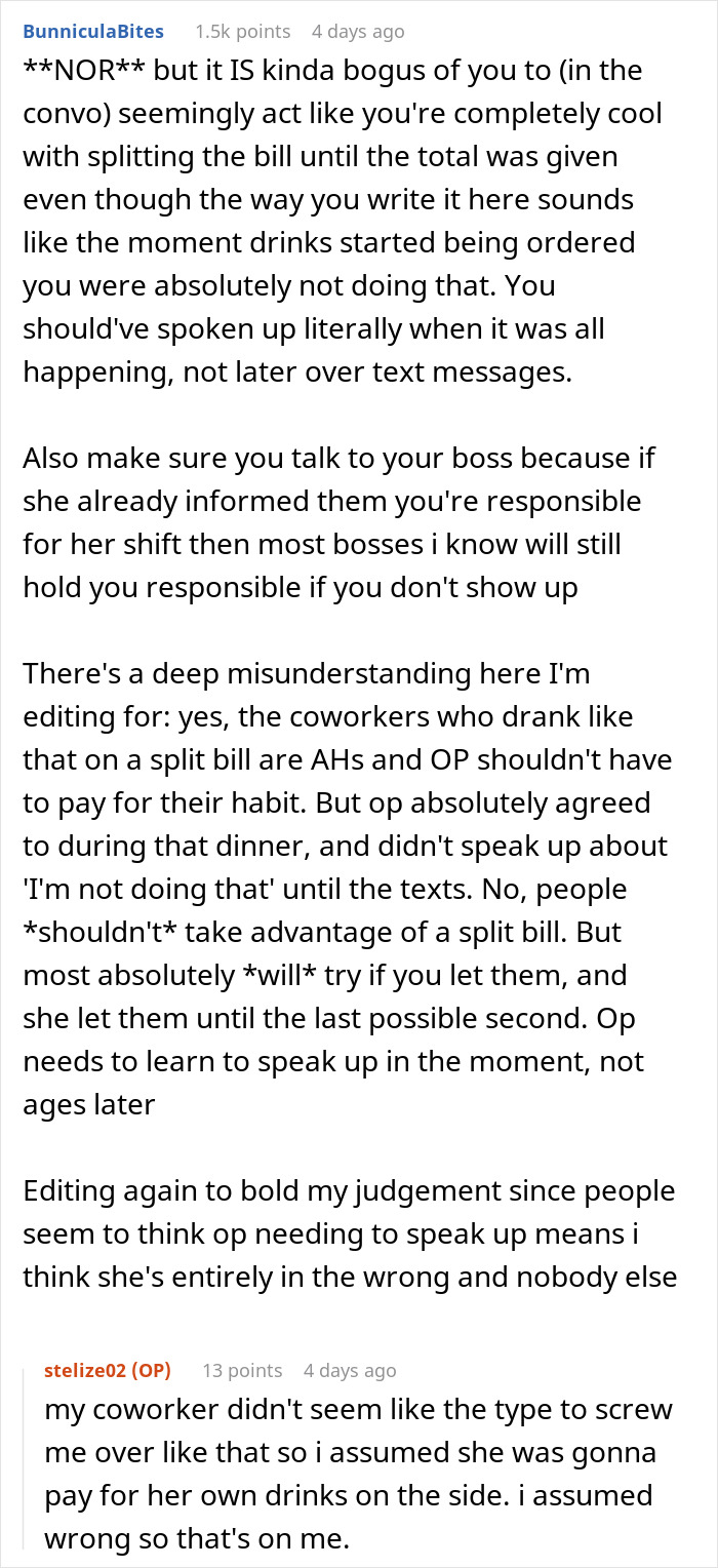 Online discussion about coworkers agreeing to split the bill, with one backing out after dining and causing conflict.