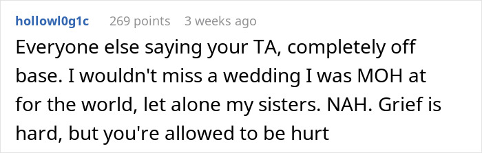 Screenshot of a Reddit comment discussing a maid of honor missing sister&rsquo;s wedding after losing their dog, expressing grief and support.