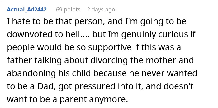 Screenshot of a Reddit comment discussing a mother tired of her cheating husband and unwanted child, considering running away.