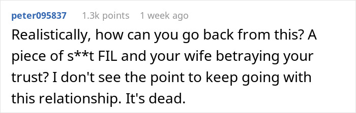 Comment discussing FIL pointing finger at son-in-law over missing iPad and the wife&rsquo;s silence impacting trust in the relationship.