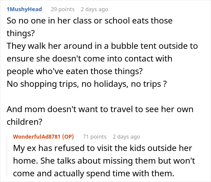 Reddit discussion about dad refusing to change kids&rsquo; diet so ex&rsquo;s new husband can host them at their mom&rsquo;s house.