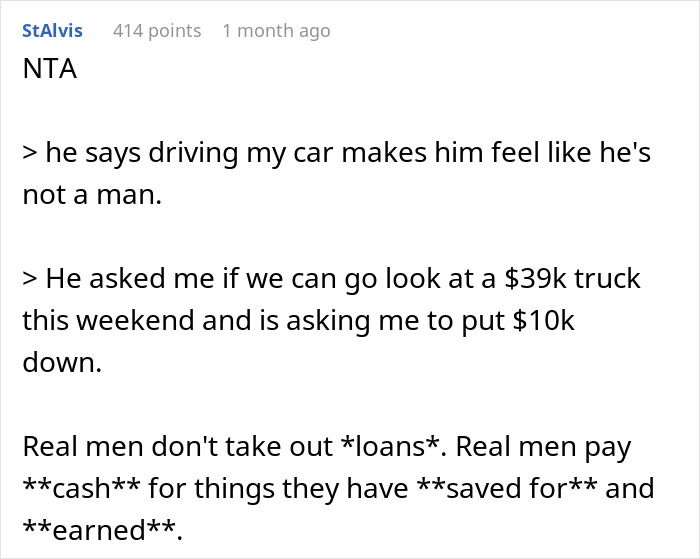 Comment about a wife seeking advice on talking sense into husband planning an irresponsible manly purchase.