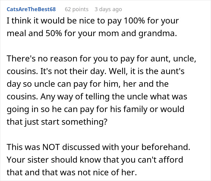 Comment discussing a person refusing to pay after finding out they are treating the table following dinner.