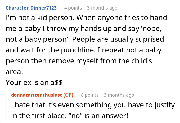 Alt text: Woman breaks up with boyfriend after being forced to hold newborn despite trauma, expressing clear refusal and personal boundaries.