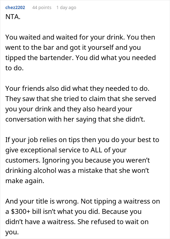 Reddit comment discussing fairness of not tipping a waitress on a 300 plus dollar tab after poor service. Reddit comment discussing fairness of not tipping a waitress on a 300 plus dollar tab after poor service.