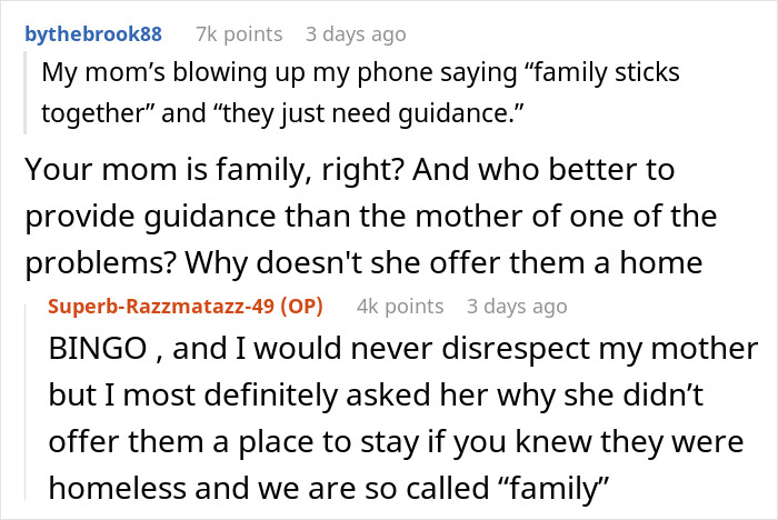 Reddit conversation showing tension over family staying with a guy whose brother&rsquo;s girlfriend caused chaos and brought cigarettes inside.