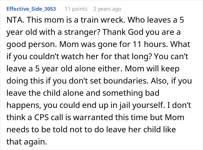 Comment discussing a woman who abandons her child with a stranger roommate, raising concerns about child safety and boundaries.