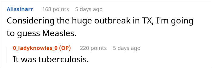 Reddit conversation discussing risk nominations at work related to not having kids, with comments on disease outbreaks.