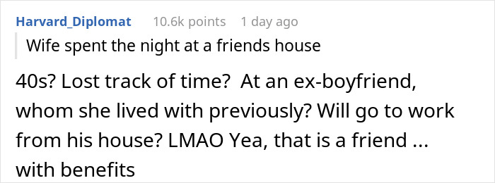 Comment discussing wife&rsquo;s catch-up with her ex turning into a sleepover, while husband is left home alone wondering.