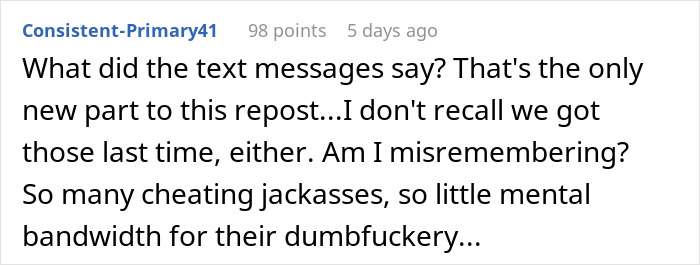 Screenshot of an online comment discussing text messages revealing a boyfriend’s affair and mental bandwidth for cheating behavior. Screenshot of an online comment discussing text messages revealing a boyfriend’s affair and mental bandwidth for cheating behavior.