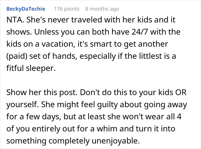 Comment discussing a dad wondering if he&rsquo;s a jerk for not joining wife&rsquo;s work trip with kids, offering travel advice.