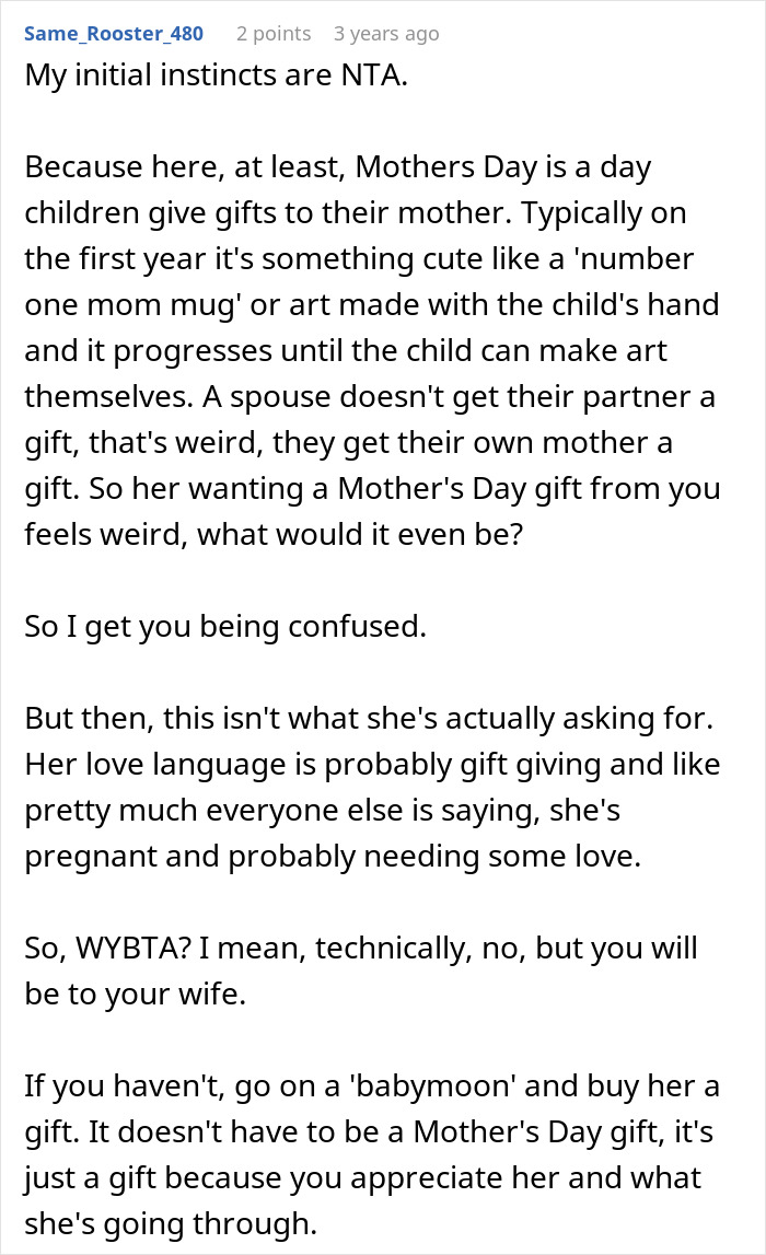 Comment discussing a man who doesn&rsquo;t consider his pregnant wife a mom yet or get her a Mother's Day gift.