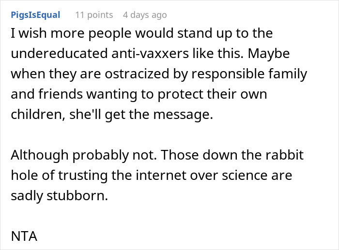 Comment discussing consequences faced by a pregnant anti-vaxxer as a friend opts out of future playdates.