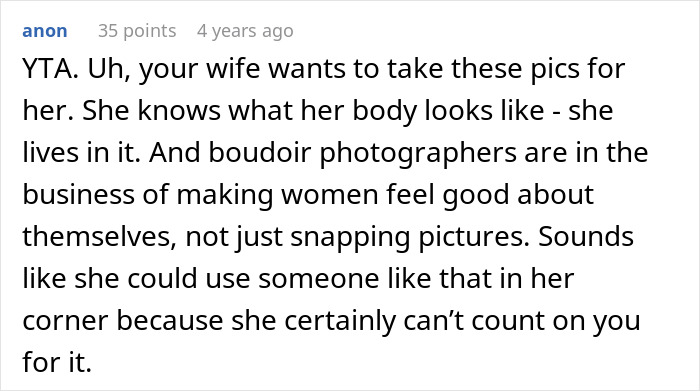 Screenshot of an online comment criticizing a man for refusing a spicy photoshoot due to his wife's postpartum weight. Screenshot of an online comment criticizing a man for refusing a spicy photoshoot due to his wife's postpartum weight.