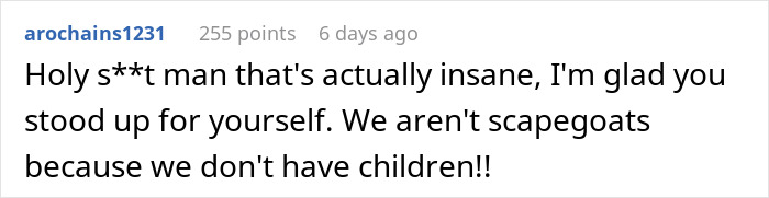 Comment expressing support for standing up against being nominated for risky work due to not having kids.