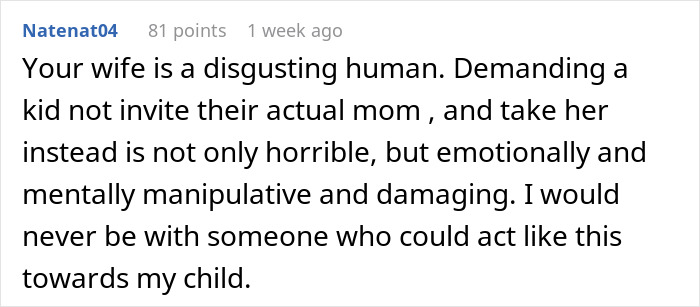 Comment expressing outrage over stepmom's tantrum after teenager invites his mom to graduation instead of her.