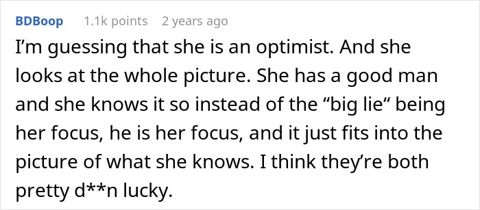Screenshot of a Reddit comment discussing optimism and a husband who doesn't know how to come clean about a lie.