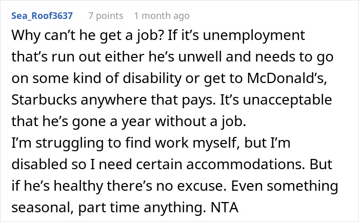 Comment discussing frustration over husband's long-term unemployment and challenges with family support after job loss.